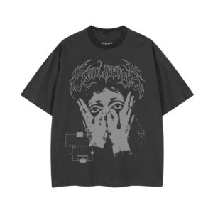 Cool Atoms Drown washed t-shirt featuring gothic lettering and surreal portrait illustration on dark wash tee