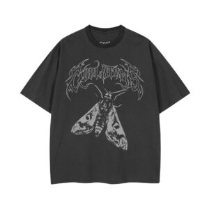 Cool Atoms The Moth washed t-shirt with gothic moth and butterfly illustration and vintage typography on dark tee