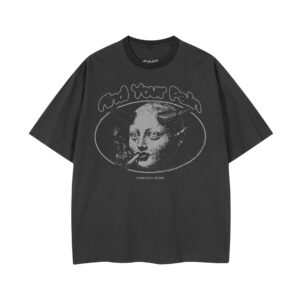Cool Atoms Find Your Pain washed t-shirt with vintage circular frame illustration of a woman on black tee