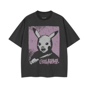 Cool Atoms Pika washed graphic t-shirt with vintage anime-inspired character illustration on black acid wash tee